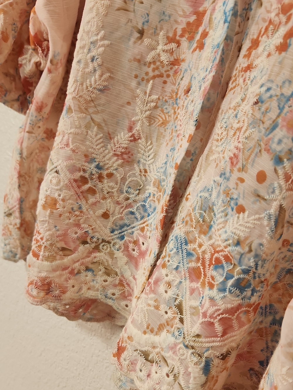 380.Liv Los Angeles Bohemian Floral Embroidered  Button-Front Puff Sleeve Top - Picture 3 of 5